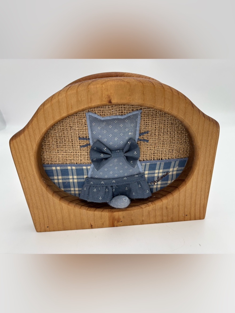 Vintage Folk Art Wood and Blue Fabric Cat Napkin Holder